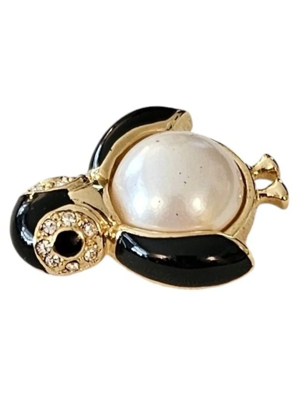 Marvella Penguin Pin Faux Pearl Clear Rhinestone Black Enamel Brooch Signed L643